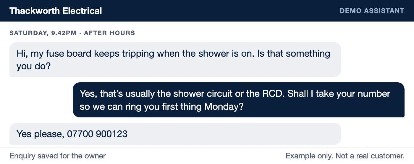 Example chat, labelled as a demo: a customer asks about a fuse board tripping on a Saturday night and the assistant takes their number for a Monday call