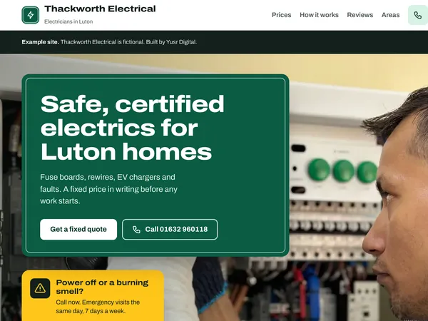 Example website for an invented Luton electrician, Thackworth Electrical